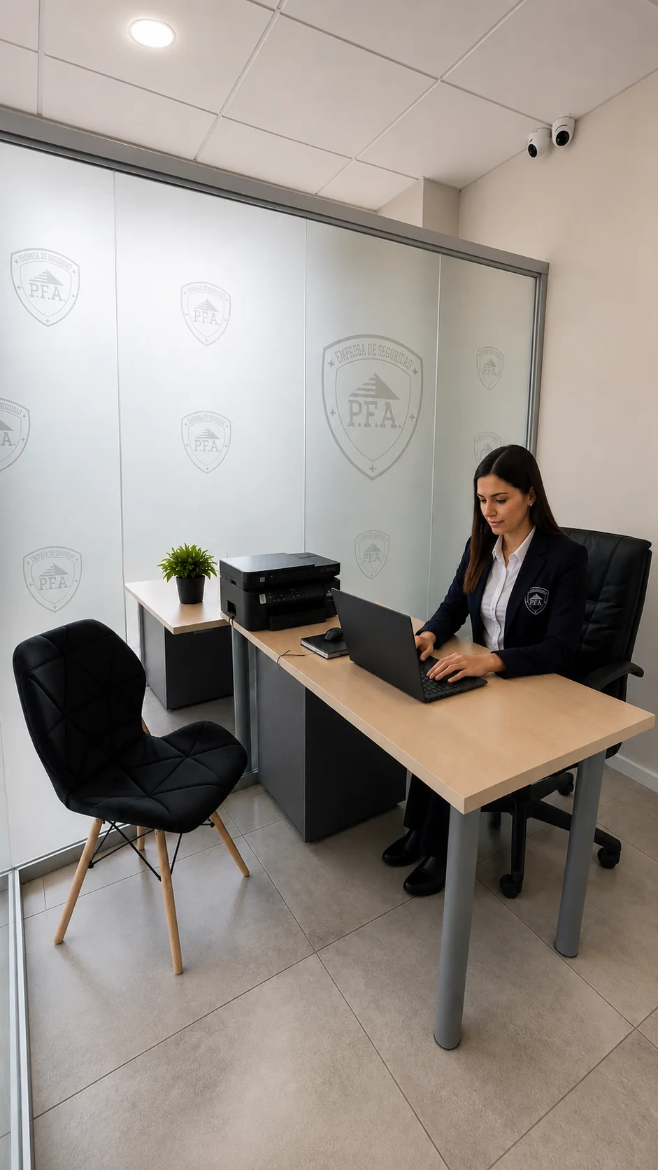 Ejecutiva de Seguridad PFA trabajando en una oficina comercial.