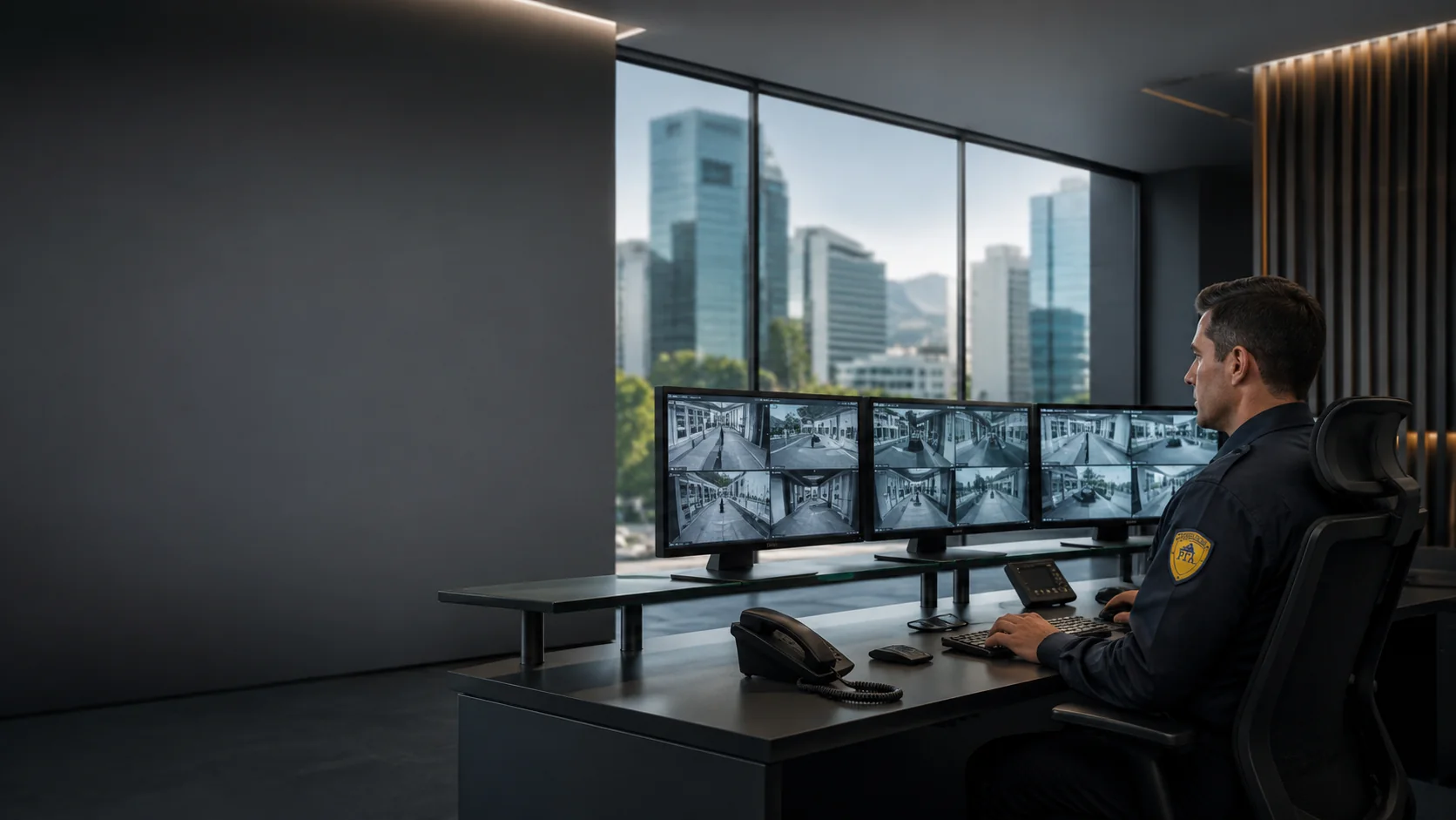 Operador de Seguridad PFA en una sala corporativa de monitoreo CCTV.