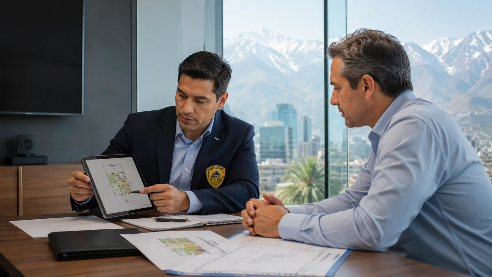 Consultor de Seguridad PFA revisando planos con un cliente.