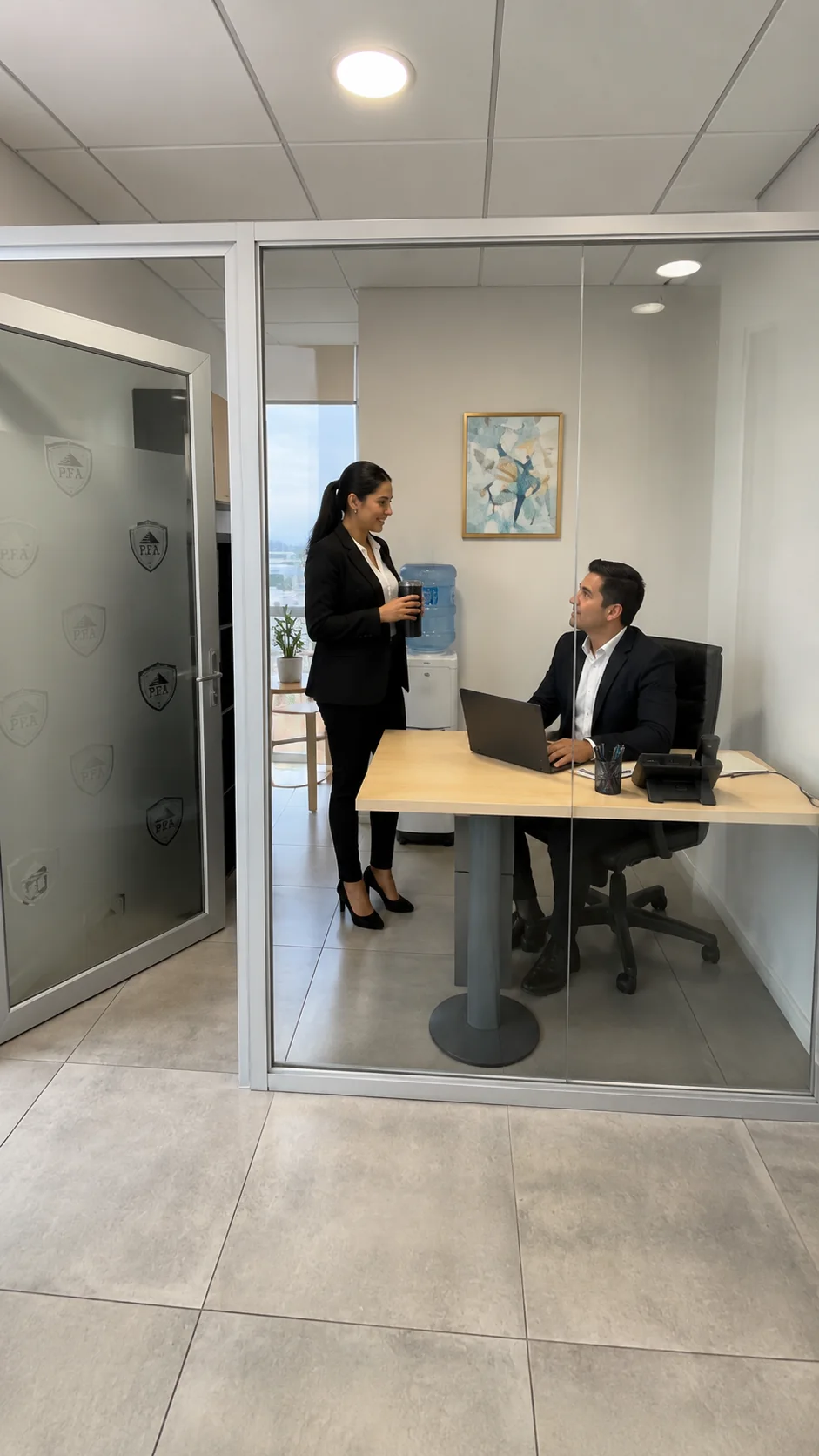 Equipo administrativo de Seguridad PFA en una oficina de vidrio.
